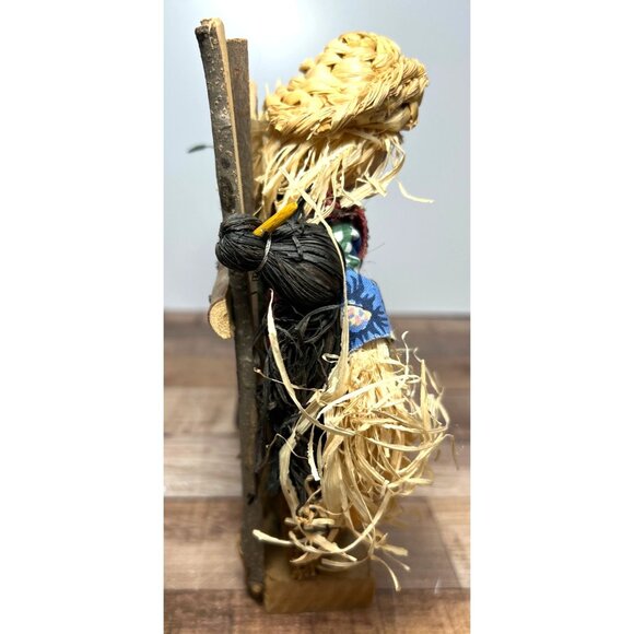 Handcrafted Rustic Scarecrow Figurine With Pumpkin & Wooden Fence - Picture 2 of 5